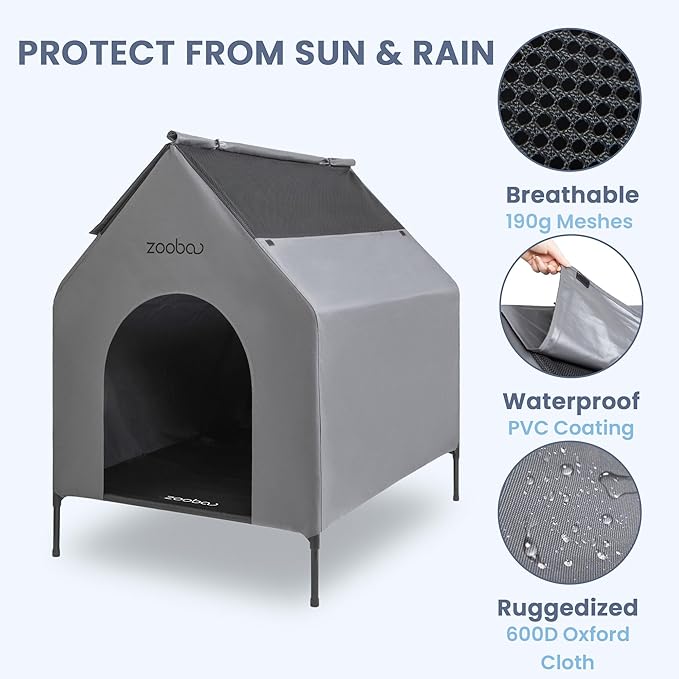 36" Large Dog House for Large Dog Indoor or Outside, Weatherproof 600D PVC Outdoor, Featuring Breathable 2x1 Textilene Elevated Dog Bed, Easy Clean(Grey)