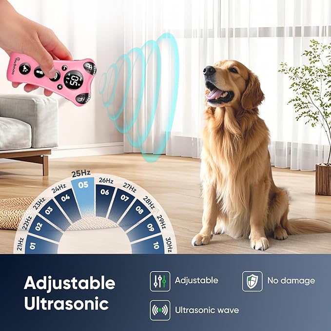 Adjustable Ultrasonic Dog Trainer β World's First Variable Frequency Pet Behavior Corrector with 10 Level Ultra Sound, 18 Dog Whistles, Anti-Bark Strobe Light, Humane Dog Deterrent (Pink)