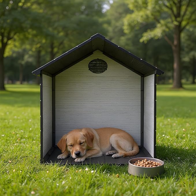 45" Large Dog House Outdoor Indoor with Durable Waterproof Resin Plastic for Medium Large Dogs, Dog House Bed with Air Vents and Elevated Floor, Easy to Assemble (Grey, 45" L x 40" W x 40" H)