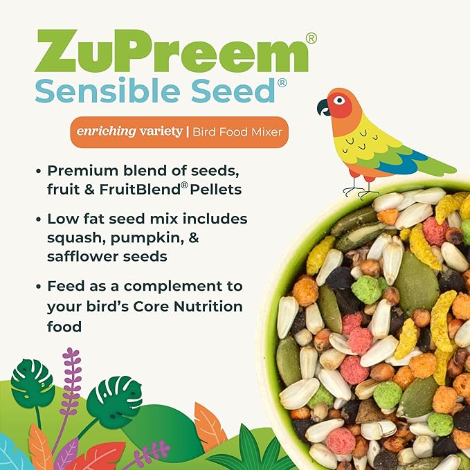ZuPreem Sensible Seed Bird Food, Parrot, Conure, Caique, African Grey, Eclectus, Small Cockatoo, Seed and Pellet Blend for Medium Large Birds (ML, 2 lbs)