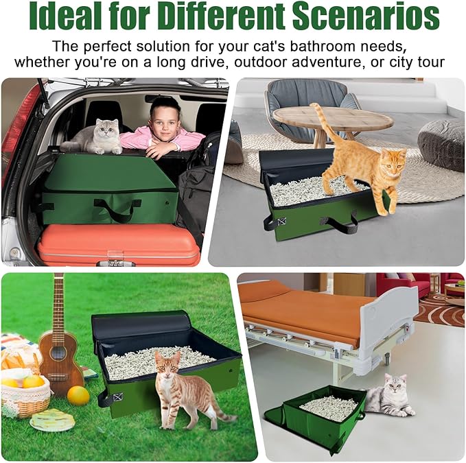 20x14x6.5 Inches, Upgraded Portable Cat Travel Litter Box with Zipped Lid & 10 Liners, Leak-Proof and Foldable Travel Cat Litter Box for Hotels, Car, and Camping, Odor-Free & Waterproof (Army Green)