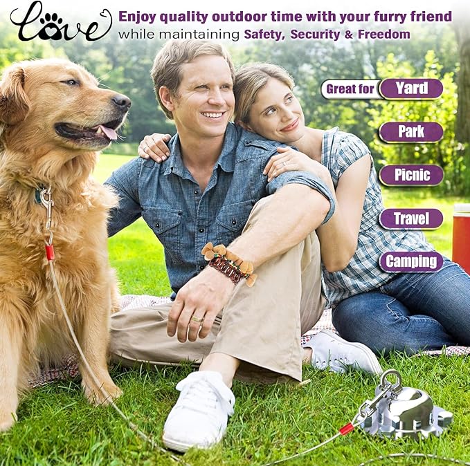 360° Swivel Dog Tie Out Cable and Stake - 2025 Upgrad Stainless Steel Dog Stake Dog Anchor for Small to Large Dogs - No Tangle Reflective Dog Run Cable for Yard (Silver 20 ft Cable)