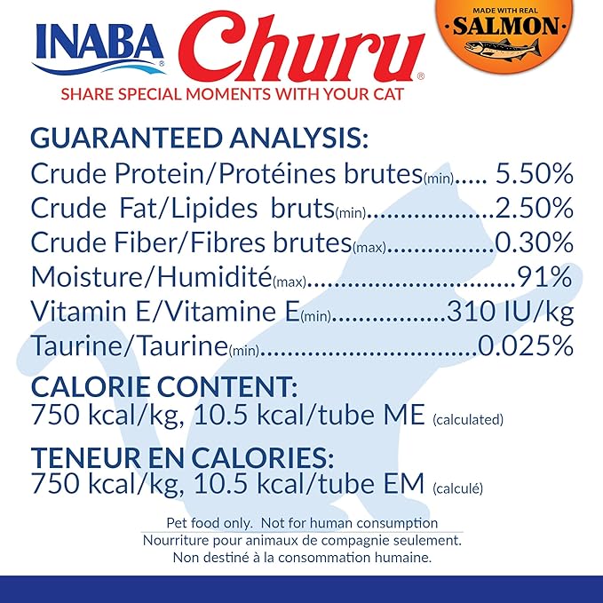 INABA Salmon Churu Cat Treats, Lickable, Squeezable Creamy Purée Cat Treat with Green Tea Extract & Taurine, 0.5 Ounces Each Tube, 24 Tubes (4 per Pack), Salmon with Tuna Recipe