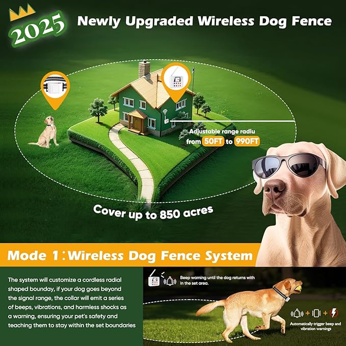 Wireless Dog Fence, Electric Fence for Dog with Big LCD Screen, Portable Pet Wireless Fence with 2.4G Antenna, Waterproof Dog Perimeter Collar for Outdoor Use, Adjustable for Large Medium Small Dogs