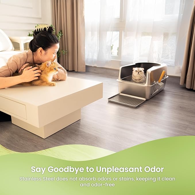 Cattasaurus 100% Stainless Steel Litter Box Enclosure for Large Cats 30+ lbs, Odor-Free & Easy to Clean, Multi Cat Litter Box with Cover, Long-Lasting XL Metal Litter Box with High Side, Scoop & Pedal