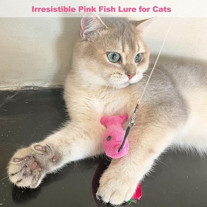 Cat Toys Pink Fish, 5PCS Catnip Toys for Cats, Flopping Cat Fish Toy Filled Soft Plush, Cat Feather Wand Accessories with Ribbons, Interactive Cat Toys for Indoor Cats Kitten Play Exercise Chew