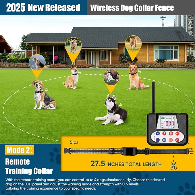 Wireless Dog Fence, Electric Fence for Dogs with Big LCD Color Screen, Portable Wireless Pet Fence with Remote Training Collar, Dog Perimeter Fence, Adjustable Collar for Big Medium Small Dogs