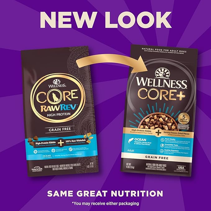 Wellness CORE+ (Formerly RawRev) Grain Free Ocean Whitefish, Herring Meal & Salmon Meal Recipe, 4 Pound Bag