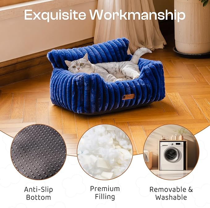 MEWOOFUN Cat Beds for Indoor Cats, Fluffy Cat Couch with Removable Washable Cover, Supportive Small Dog Beds for Puppy & Kitten up to 15 lbs (Navy Blue, 24x19x12)