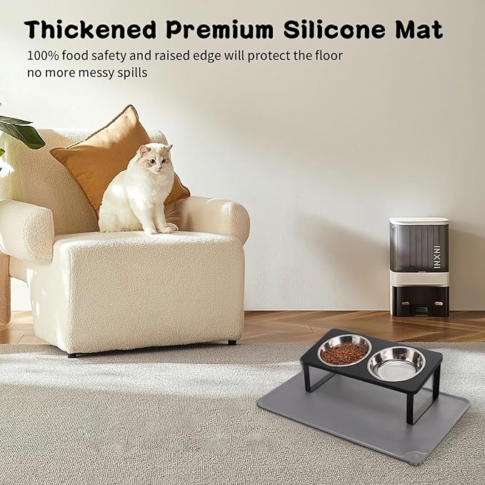 Upgraded Elevated Cat Bowls with Food Mat,15°Tilted Stand Anti Vomiting Raised Cat Dishes for Food and Water,2 Stainless Steel Bowls for Cats and Puppy(Black)