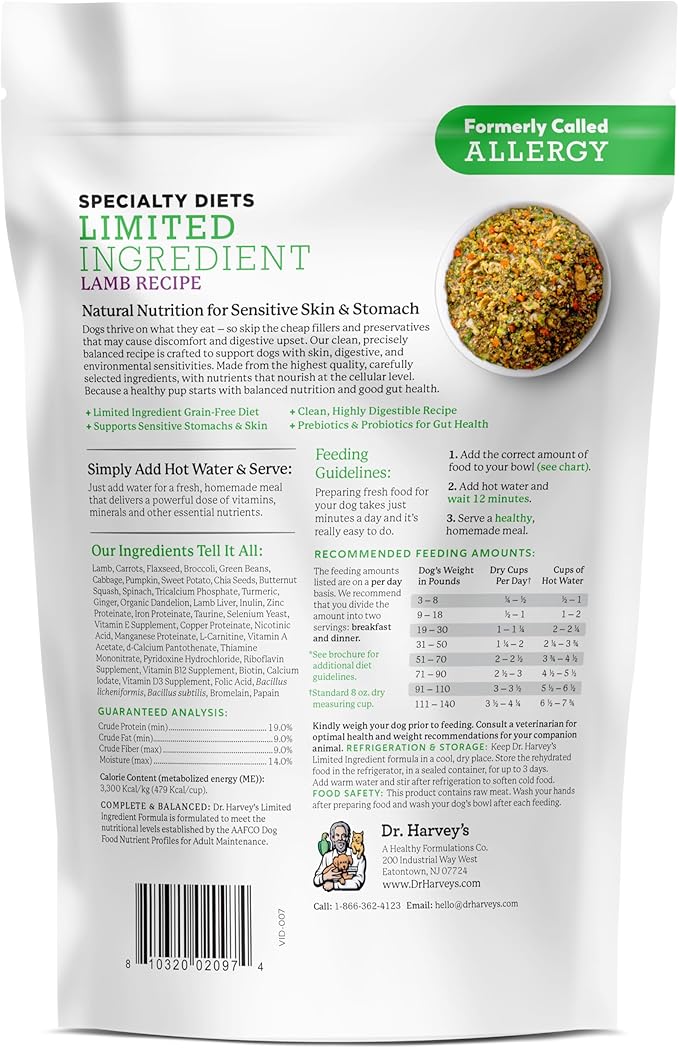 Dr. Harvey's Specialty Diet Limited Ingredient - Human Grade Dog Food for Dogs with Sensitivities - Lamb Recipe (Trial Size, 5.5 oz)