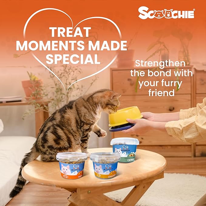 Scoochie Pet Cat by Scoochie – Assortment Flavored Cat Treats, Crunchy Outside & Creamy Inside, 3 | 8.8 oz Tubs (Tuna, Chicken & Catnip)