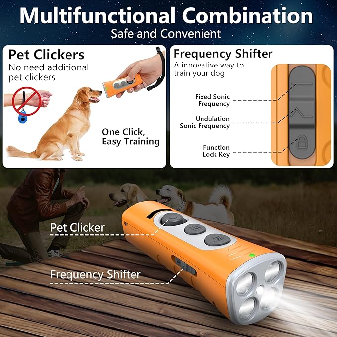 MODUS 2025New Anti Barking Device, 4X Ultrasonic Emitters Dog Bark Deterrent Device, Rechargeable Handheld Dog Barking Control Devices Dog Training&Behavior Aids with 50ft Range Indoor Outdoor(Yellow)