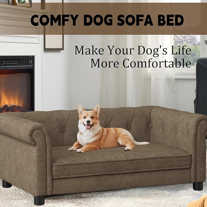 39" Dog Sofa Couch Bed for Small to Large Dogs, Soft Memory Foam Pet Sofa with Removable Cover, Comfortable Pet Couch with Backrest and Armrests, Easy to Clean and Maintain