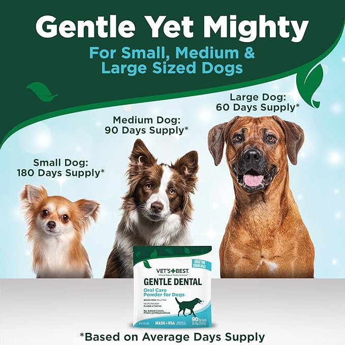 Vet’s Best Dog Teeth Cleaning Powder, Brush-Free Canine Teeth Cleaner & Breath Freshener, Plaque Remover for Teeth, Dog Dental Powder, 90 Day Supply