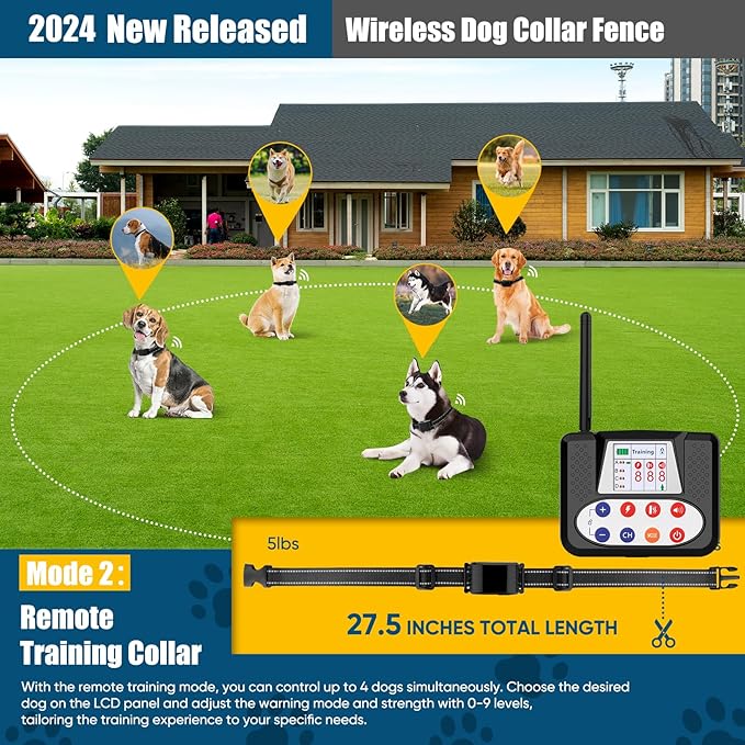 Wireless Dog Fence System, Electric Fence for Dogs with Big LCD Color Screen, Portable Wireless Pet with Remote Training Collar, Dog Perimeter, Adjustable Collar for Big Medium Small Dogs