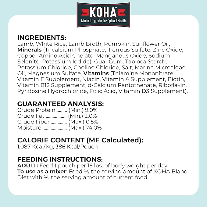 KOHA Pet Limited Ingredient Bland Diet for Dogs, Lamb and White Rice Recipe Sensitive Stomach Wet Dog Food, Gentle Formula Easy to Digest Bland Diet Dog Food, Pack of 6