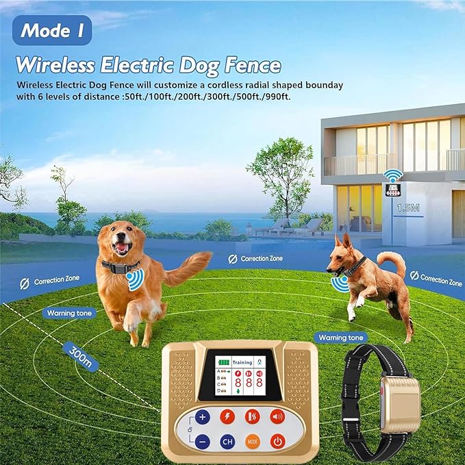 Wireless Dog Fence, Electric Dog Fence & Remote Training Collar, Vibration & Shock, IP65 Waterproof Collar for Large and Medium Dogs with 3 Training Modes, Dog Container Boundary System,for3dogs