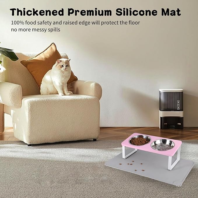 Upgraded Elevated Cat Bowls with Food Mat,15°Tilted Stand Anti Vomiting Raised Cat Dishes for Food and Water,2 Stainless Steel Bowls for Cats and Puppy(Pink)