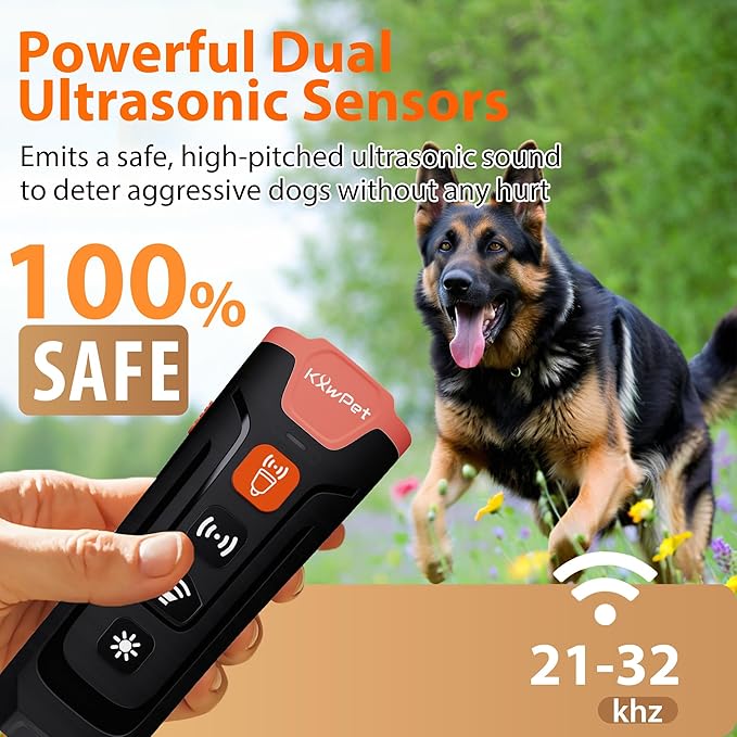 Ultrasonic Dog Bark Deterrent Device, 50 ft Range, LED Flashlight, 3 Heads, Correct Dogs Bad Behaviors Without Harm, Alternative to Dog Training Collars and Bark Collars