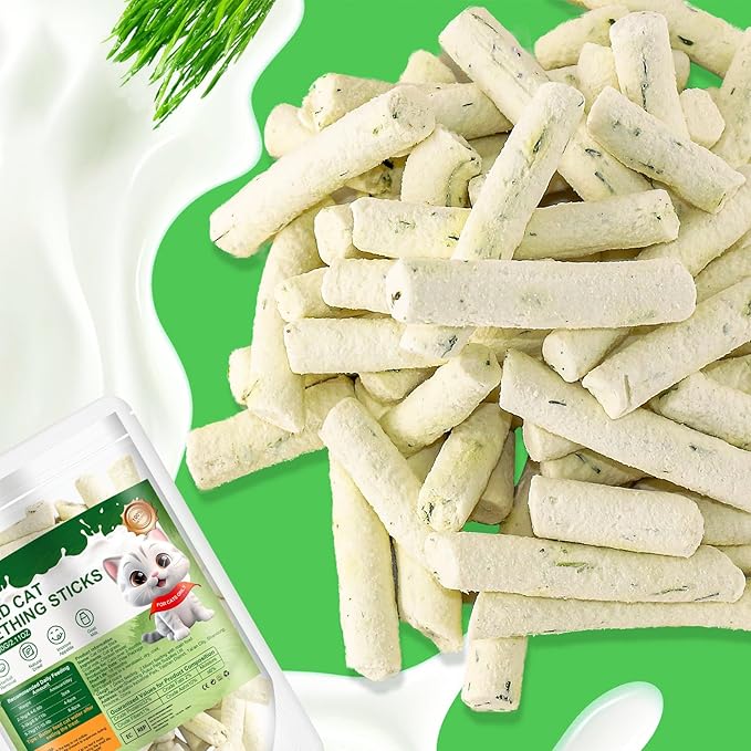 60g Cat Grass Teething Sticks with Goat Milk Favor, Edible Freezed Drying Cat Grass Treats, Cat Snacks for Hairball Removal and Dental Care