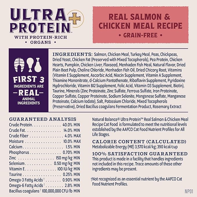 Natural Balance Ultra Protein Plus Dry Cat Food, Skin & Coat and Digestive Health Real Salmon & Chicken Meal Recipe with Chicken Liver & Chicken Heart, High Protein Cat Food for Picky Cats - 2.5 lbs
