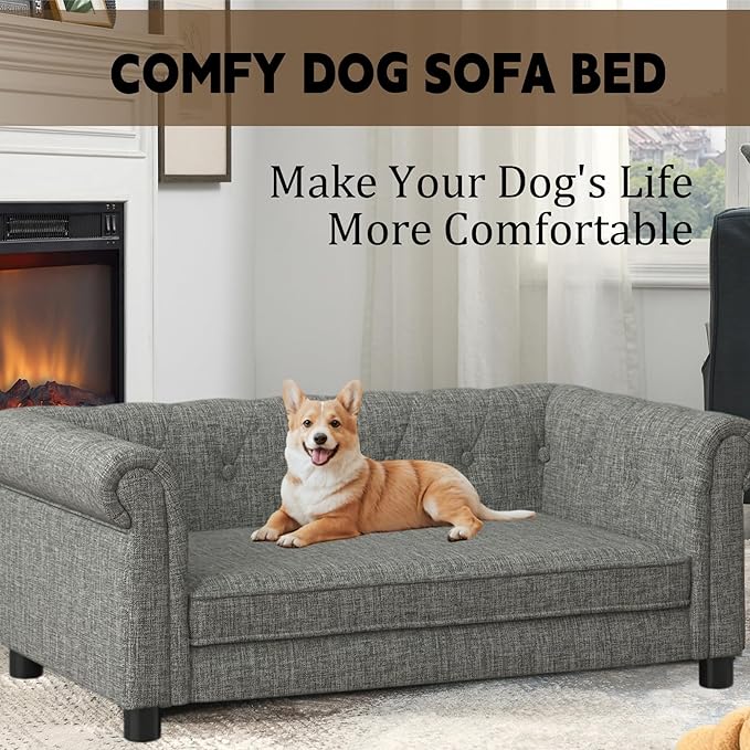 39" Dog Sofa Couch Bed for Small to Large Dogs, Soft Memory Foam Pet Sofa with Removable Cover, Comfortable Pet Couch with Backrest and Armrests, Easy to Clean and Maintain