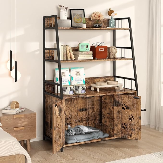 Recaceik Large Cat Litter Box Enclosure with Shelf Storage, Hidden Cat Washroom Furniture, Wooden Cat House with Scratch Pad, Sturdy Indoor Cat Cabinet with 2 Doors, Rustic Brown