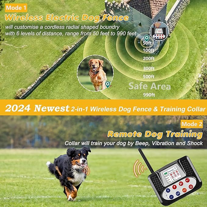 Wireless Dog Fence & Dog Training Collar 2 in 1, Electric Pet Boundary Container with Remote, Waterproof Receiver, Vibrate/Shock, Safe Effective, Stubborn Dog Fence System for Yard,for3dogs