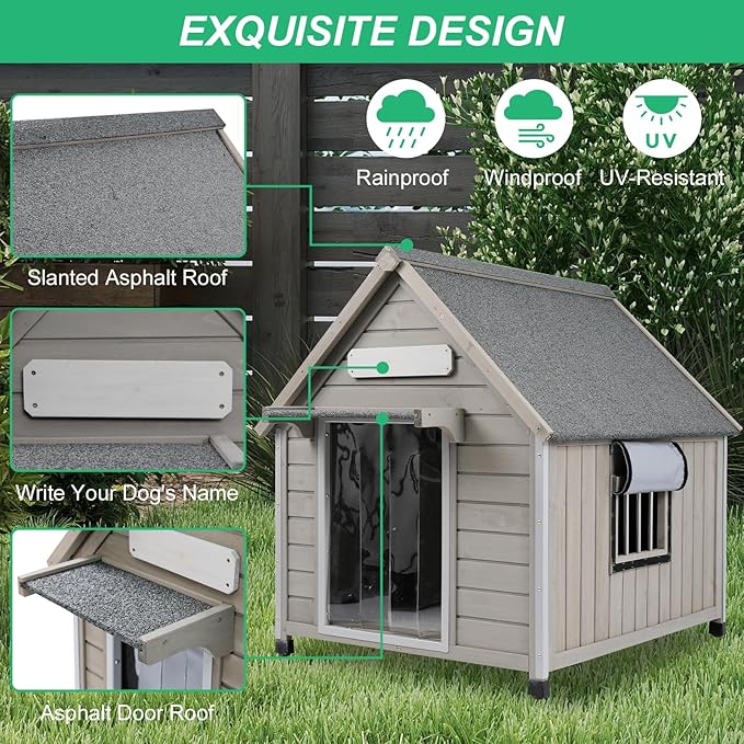 30.5" L Outdoor Dog House with Waterproof Asphalt Roof for Small to Medium Dogs,Large Wooden Indoor Dog Kennel with Anti-Chewing Metal,Oxford Cloth Window,Durable Doghouse for 1-2 Dogs
