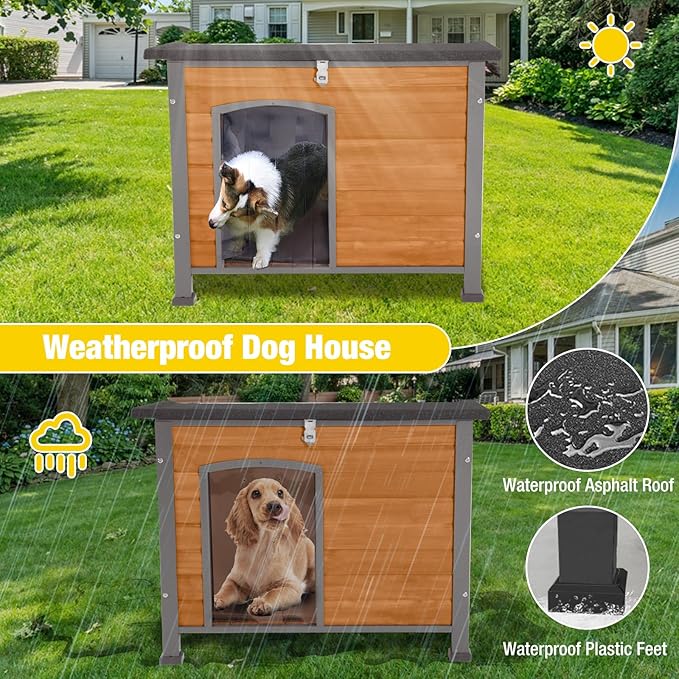 Aivituvin Dog House Outdoor & Indoor Wooden Dog Kennel for Winter with Raised Feet Weatherproof for Small & Medium & Large Dogs,Unique All-Around Iron Frame (Brown, M)