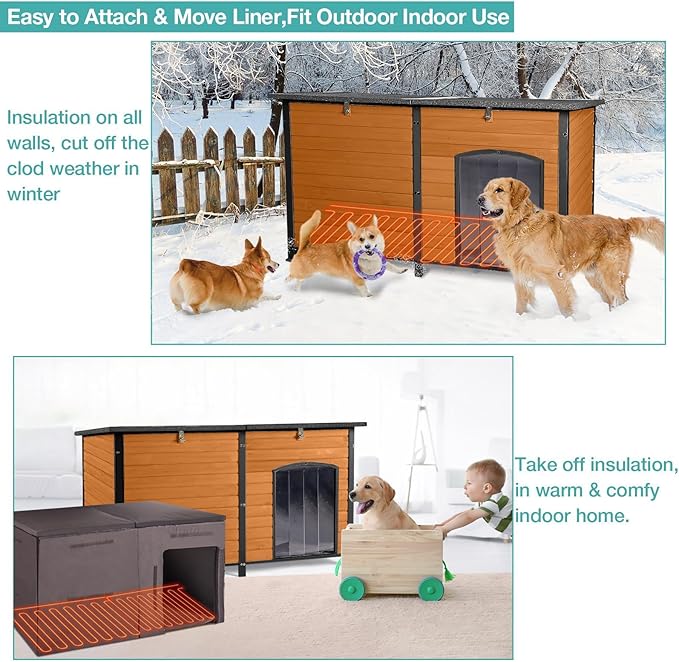 59" Extra Large Outdoor Dog House with Insulated Liner,Dog Kennel with All-Around Iron Frame,Weatherproof Dog Shelter for Small to Large Sizes Dog Kennel (Brown, LH)