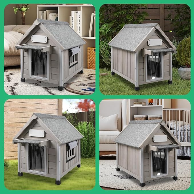 20.5" L Outdoor Dog House with Waterproof Asphalt Roof for Small to Medium Dogs,Large Wooden Indoor Dog Kennel with Anti-Chewing Metal,Oxford Cloth Window,Durable Doghouse for 1-2 Dogs