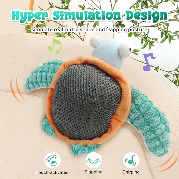 Cat Toys, Flapping Fins Cute Turtle, No Flying, Chirping Bird Interactive Catnip Toy for Kitten or Small Dogs, Touch Activated, Rechargable