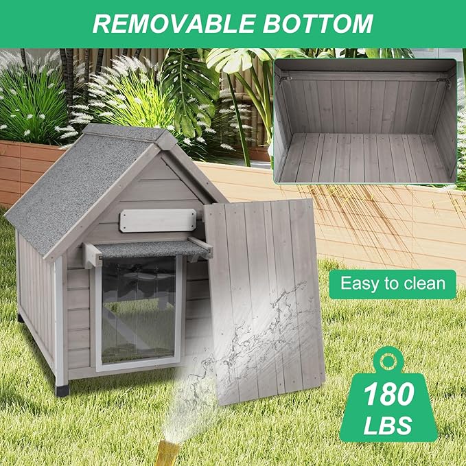 26" L Outdoor Dog House with Waterproof Asphalt Roof for Small to Medium Dogs,Large Wooden Indoor Dog Kennel with Anti-Chewing Metal,Oxford Cloth Window,Durable Doghouse for 1-2 Dogs
