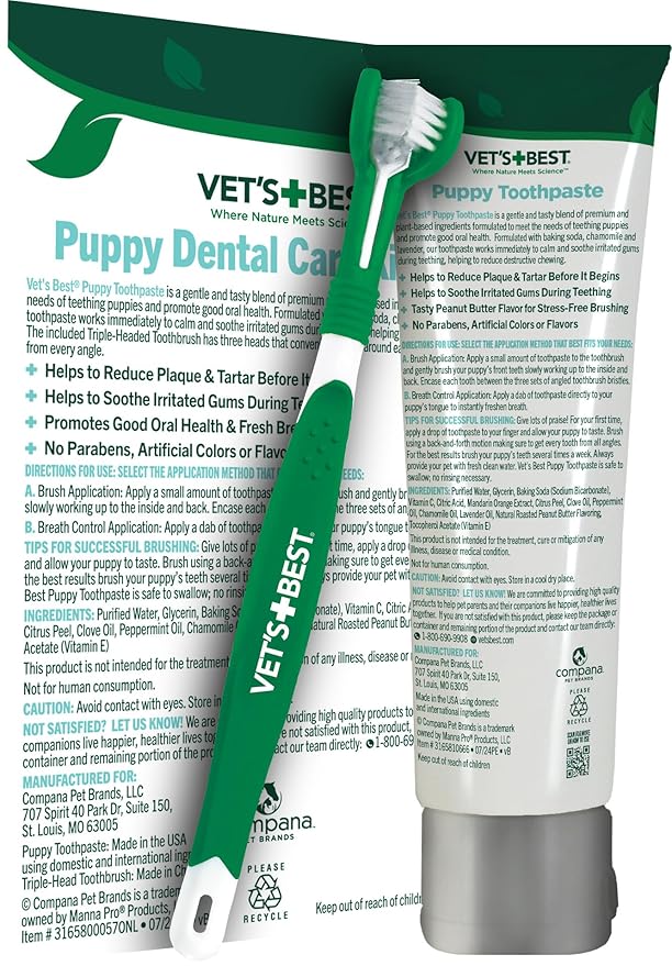 Vet's Best Dog Toothpaste & Toothbrush Kit for Puppies – Puppy Essentials – Dog Toothbrush & Toothpaste for Young Dogs- Perfect for Puppy Teething, Freshens Breath - Peanut Butter Flavor, 3.5 oz
