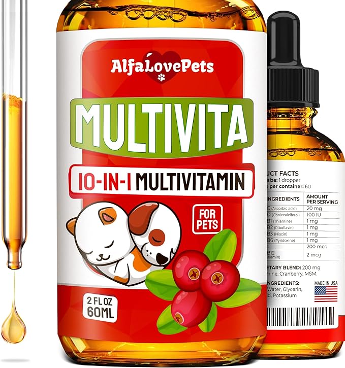 Liquid Multivitamin for Dogs β Cat Multivitamins for Indoor Cats β 10-in-1 Liquid Dog Vitamins B Complex, C, D3 β Digestion, Urination, Hip & Joint, Skin & Coat β Cranberry Flavor β 2 Oz