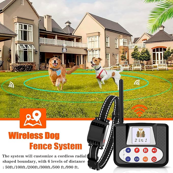 Wireless Dog Fence, Electric Dog Fence & Remote Training Shock Collar 2-in-1,Waterproof Rechargeable, Cover Up to 8 Acre, Portable Pets Safe Containment System for Outdoor,Yard,Indoor,,for3dogs