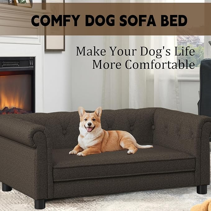 39" Dog Sofa Couch Bed for Small to Large Dogs, Soft Memory Foam Pet Sofa with Removable Cover, Comfortable Pet Couch with Backrest and Armrests, Easy to Clean and Maintain