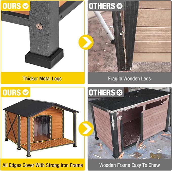 Aivituvin Dog House Outdoor with Metal Frame, Dog Kennel Outside for Large Breed, 41.5" Weatherproof Large Dog Shelter with Anti-Chewing Iron Frame, Brown (41.38" D x 41.54" W x 34.05" H)