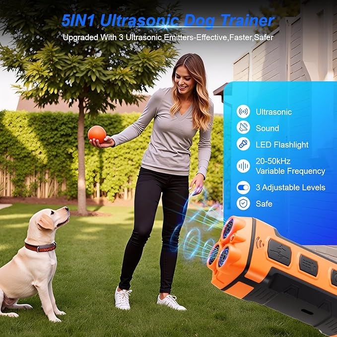 Dog Bark Deterrent Devices Anti Barking Device for Dogs 5in1 Solution for Dog Behavior Problems Safe Portable Flashlight & Beep for Small, Medium & Large Dogs Orange