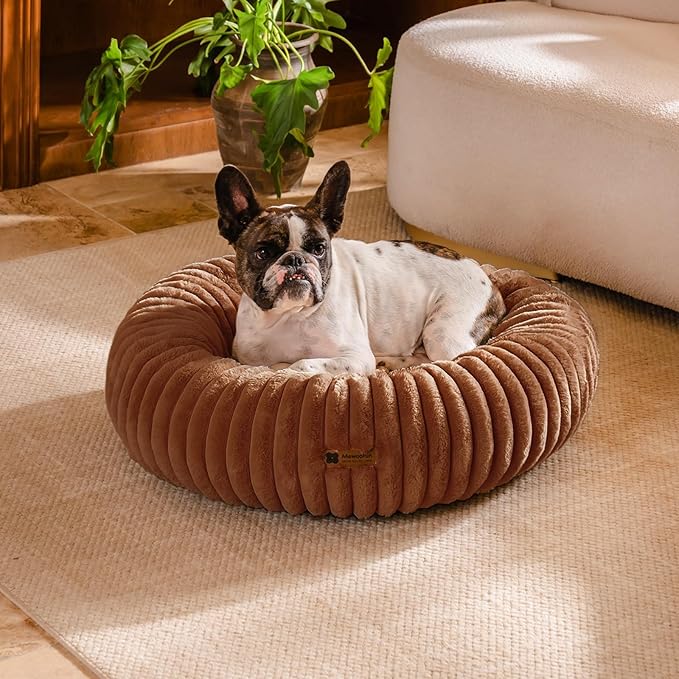 MEWOOFUN Donut Dog Beds for Small Dog, Calming Bed Round Cute Puppy Bed with Non-Slip Bottom, Fluffy Washable Pet Bed for Puppy and Kitten (Dark Brown, S (25x25x7))