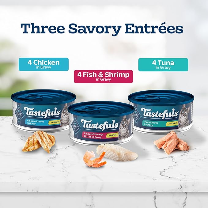 Blue Buffalo Tastefuls Natural Flaked Wet Cat Food Variety Pack, Tuna, Chicken and Fish & Shrimp Entrées in Gravy 5.5-oz Cans (12 Count - 4 of Each)