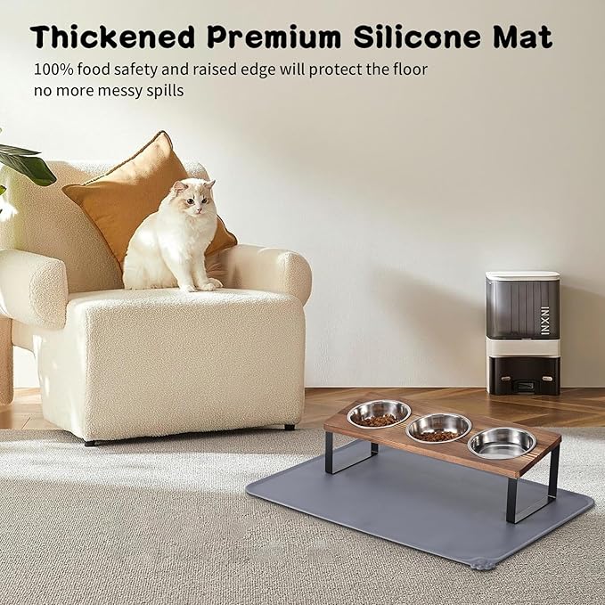 Upgraded Elevated Cat Bowls with Food Mat,15°Tilted Stand Anti Vomiting Raised Cat Dishes for Food and Water,3 Stainless Steel Bowls for Cats and Puppy(Rustic Brown)