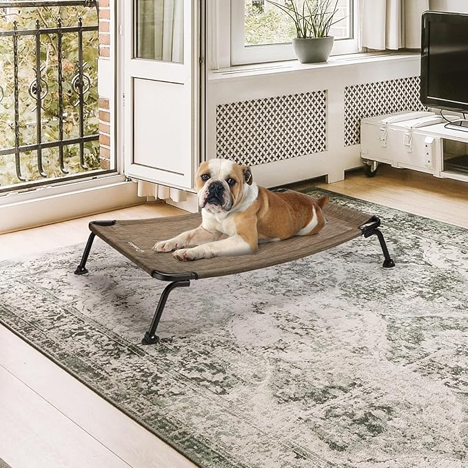 Veehoo Outdoor Elevated Dog Bed, Cooling Raised Dog Cots Beds for Medium Dogs, Portable Waterproof Curved Dogs Hammock Bed for Outside, up to 100lbs, Black Legs, Brown 32"