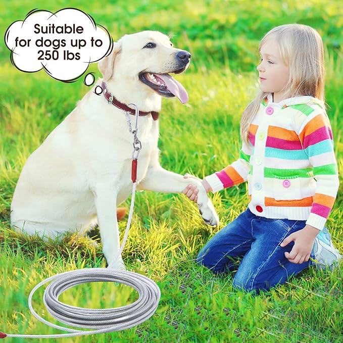 Dog Tie Out Cable for Dogs Outside Up to 125/250lbs,10/20/30/50FT Long Dog Leashes&Chains,Small-Large Dogs Runner Cable for Yard,Heavy Duty Lead Line for Outdoor,Camping,Yard(250lbs 20FT, Silver)