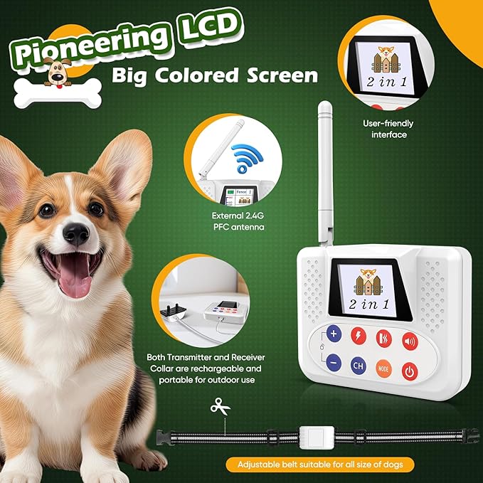 Wireless Dog Fence, Electric Fence for Dog with Big LCD Screen, Portable Pet Wireless Fence with 2.4G Antenna, Waterproof Dog Perimeter Collar for Outdoor Use, Adjustable for Large Medium Small Dogs