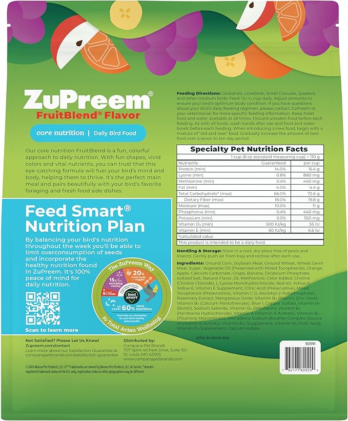 ZuPreem Smart Selects Daily Bird Food for Parakeet, Budgie, Parrotlet, Dove, Bird Pellets and Seed Blend, Core Nutrition for Small Birds, Made in USA, Parakeet Food, Budgie Food (S, 2 lb)