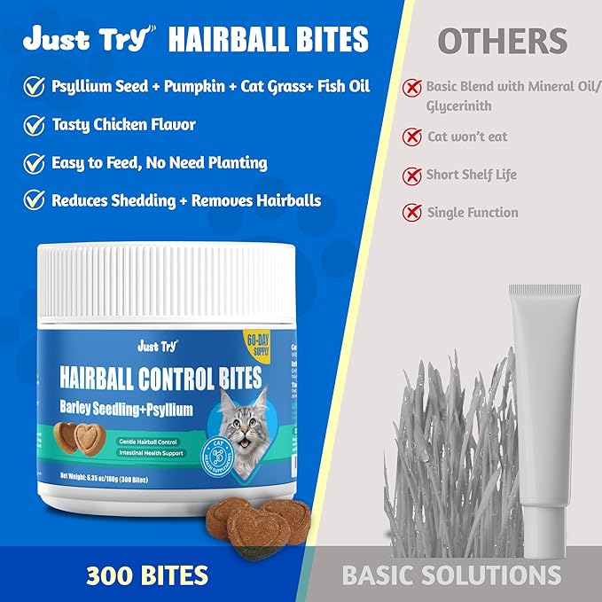 Just Try 300 Bites Cat Grass,Hairball Relief & Digestive Support Cat Treats - with Pumpkin, & Omega-3 Fish Oil, Chicken Flavor, Hairball Treatment for Cats