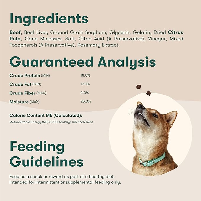 Jinx Beef Bites, Soft Jerky Dog Treats, Bite-Sized Snack, Low-Calorie and Packed with Flavor, Slow-Smoked Real Beef & Liver, No Fillers, 5oz, 6 Pack